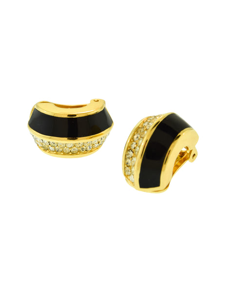 Christian Dior Vintage 1980s Golden Black Enamel Rhinestone Half Hoop Earrings
