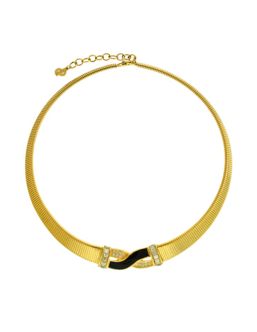 Christian Dior Vintage Gold Omega Black Enamel Rhinestone Choker Necklace