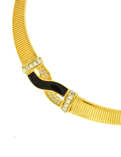 Christian Dior Vintage Gold Omega Black Enamel Rhinestone Choker Necklace