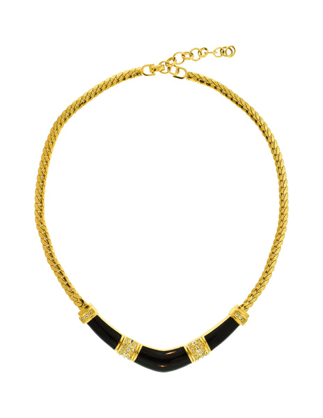Christian Dior Vintage Black Enamel Rhinestone Golden Chain Necklace
