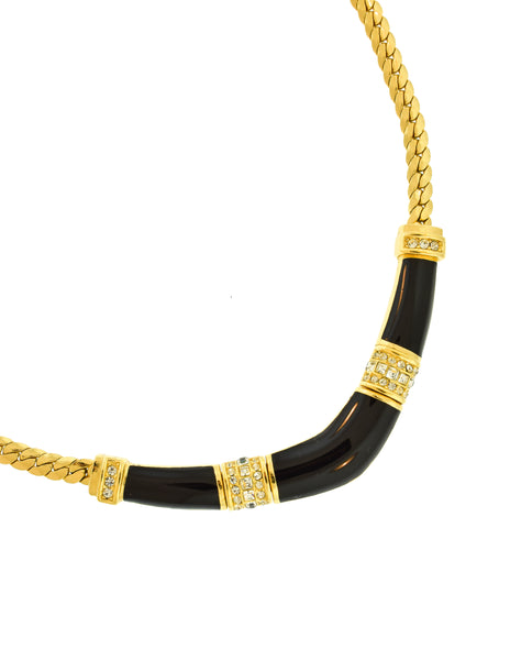 Christian Dior Vintage Black Enamel Rhinestone Golden Chain Necklace