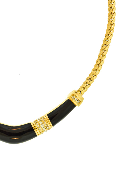 Christian Dior Vintage Black Enamel Rhinestone Golden Chain Necklace