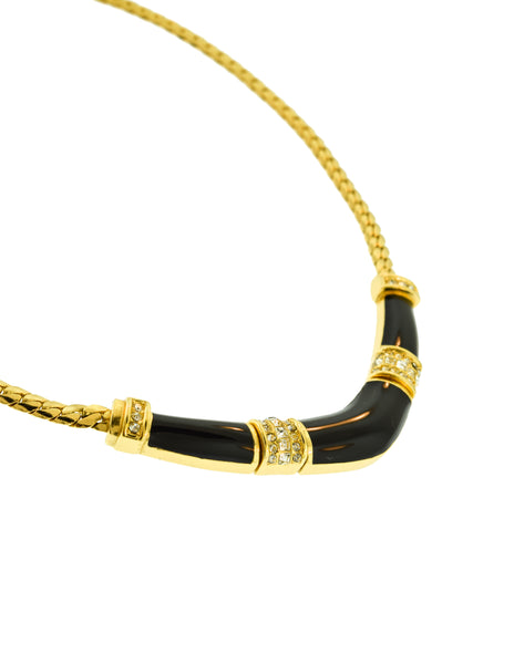 Christian Dior Vintage Black Enamel Rhinestone Golden Chain Necklace