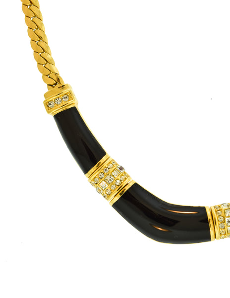 Christian Dior Vintage Black Enamel Rhinestone Golden Chain Necklace