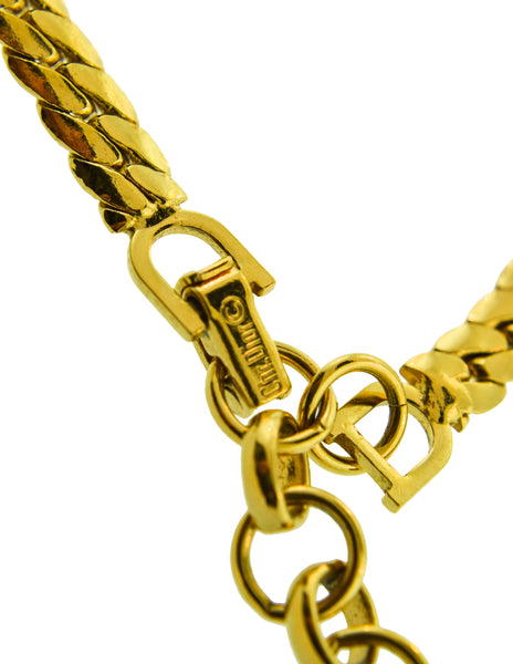 Christian Dior Vintage Black Enamel Rhinestone Golden Chain Necklace