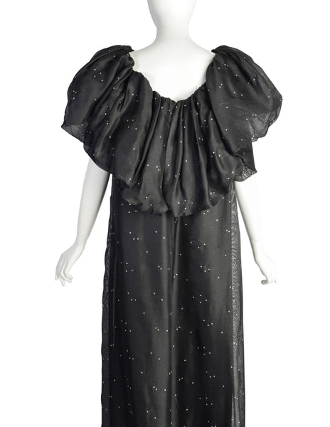 Christian Dior Vintage Black Silk Gazar Rhinestone Embellished Ruffle Collar Evening Gown