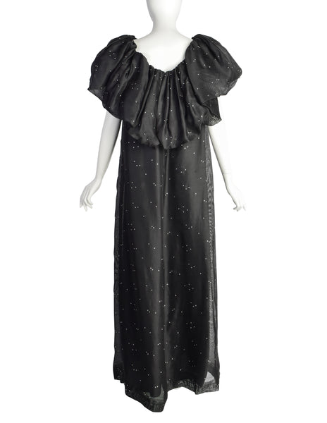 Christian Dior Vintage Black Silk Gazar Rhinestone Embellished Ruffle Collar Evening Gown