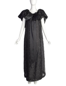 Christian Dior Vintage Black Silk Gazar Rhinestone Embellished Ruffle Collar Evening Gown