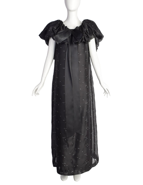 Christian Dior Vintage Black Silk Gazar Rhinestone Embellished Ruffle Collar Evening Gown