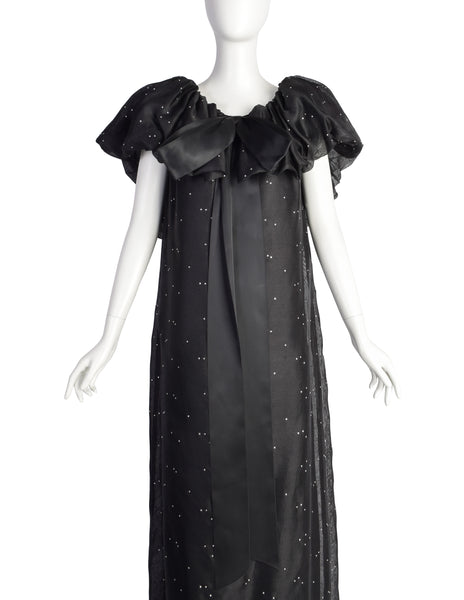 Christian Dior Vintage Black Silk Gazar Rhinestone Embellished Ruffle Collar Evening Gown