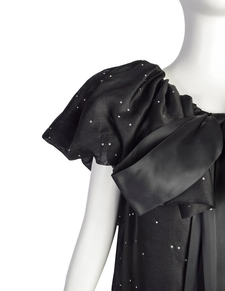 Christian Dior Vintage Black Silk Gazar Rhinestone Embellished Ruffle Collar Evening Gown