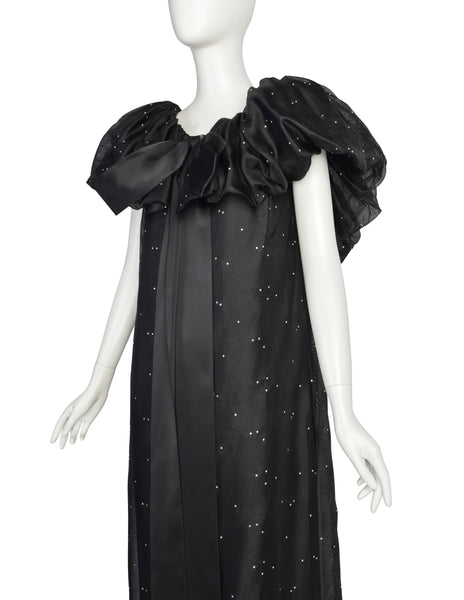 Christian Dior Vintage Black Silk Gazar Rhinestone Embellished Ruffle Collar Evening Gown