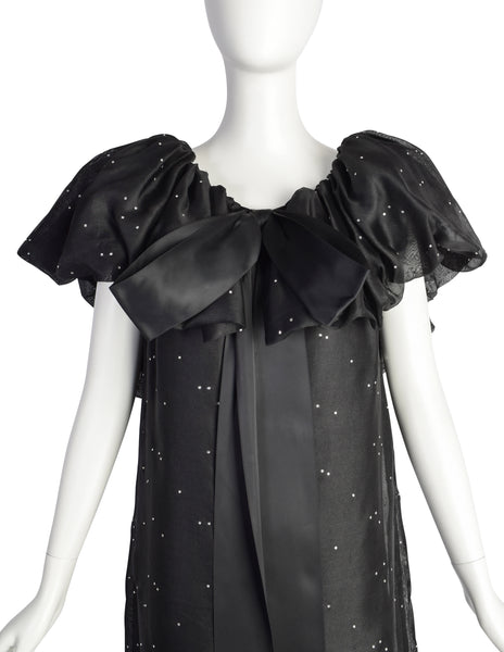 Christian Dior Vintage Black Silk Gazar Rhinestone Embellished Ruffle Collar Evening Gown