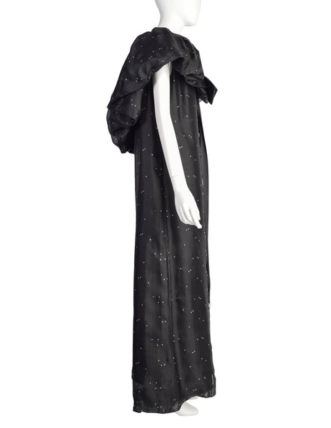 Christian Dior Vintage Black Silk Gazar Rhinestone Embellished Ruffle Collar Evening Gown