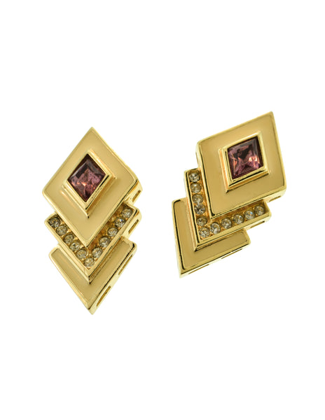 Christian Dior Vintage Purple Cream Golden Triple Diamond Motif Earrings