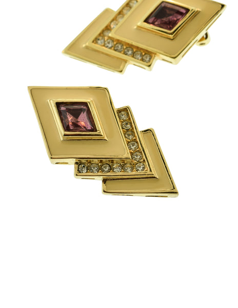 Christian Dior Vintage Purple Cream Golden Triple Diamond Motif Earrings