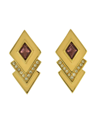Christian Dior Vintage Purple Cream Golden Triple Diamond Motif Earrings