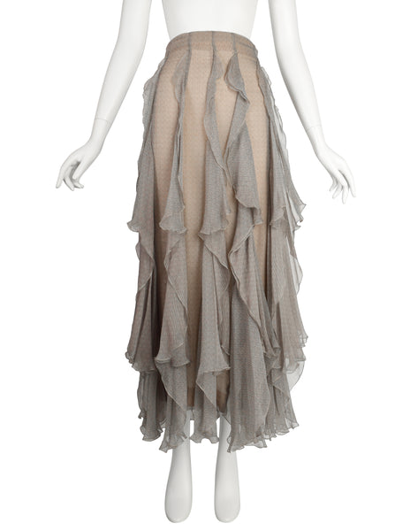 Christian Dior by Gianfranco Ferre Vintage SS 1994 Demi-Couture Taupe Silk Ruffle Ensemble
