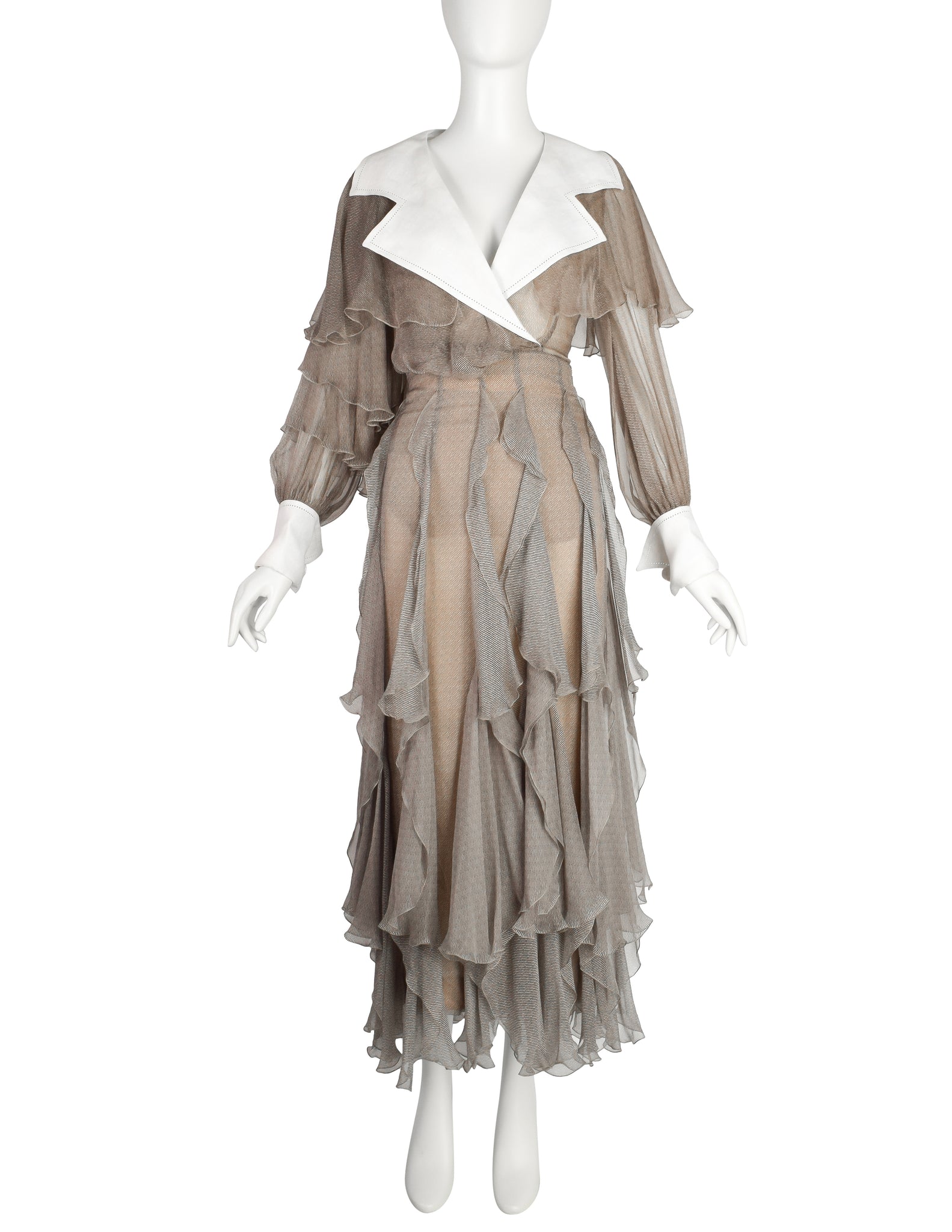 Christian Dior by Gianfranco Ferre Vintage SS 1994 Demi-Couture Taupe Silk Ruffle Ensemble