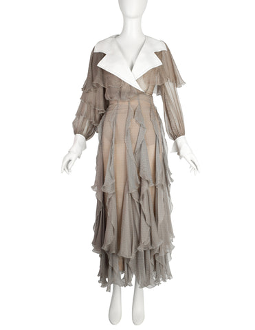 Christian Dior by Gianfranco Ferre Vintage SS 1994 Demi-Couture Taupe Silk Ruffle Ensemble