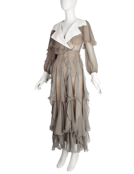 Christian Dior by Gianfranco Ferre Vintage SS 1994 Demi-Couture Taupe Silk Ruffle Ensemble