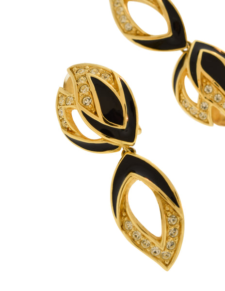 Christian Dior Vintage Golden Black Enamel Rhinestone Leaf Dangle Earrings