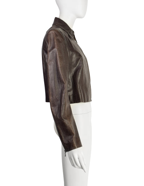 Christian Dior by John Galliano Vintage AW2000 'Fly Girls Collection' Brown Lambskin Leather Cropped Jacket