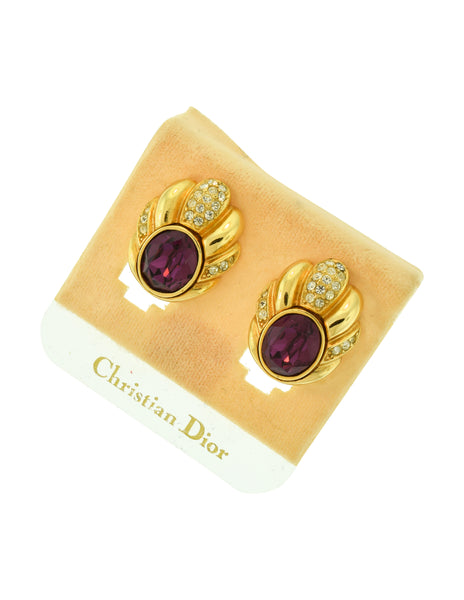 Christian Dior Vintage Golden Rhinestone Large Purple Crystal Earrings