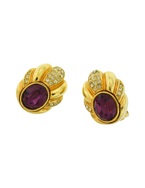 Christian Dior Vintage Golden Rhinestone Large Purple Crystal Earrings