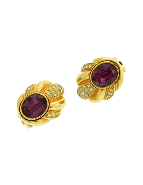 Christian Dior Vintage Golden Rhinestone Large Purple Crystal Earrings