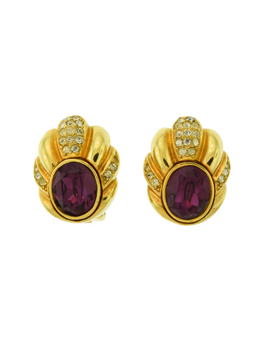 Christian Dior Vintage Golden Rhinestone Large Purple Crystal Earrings