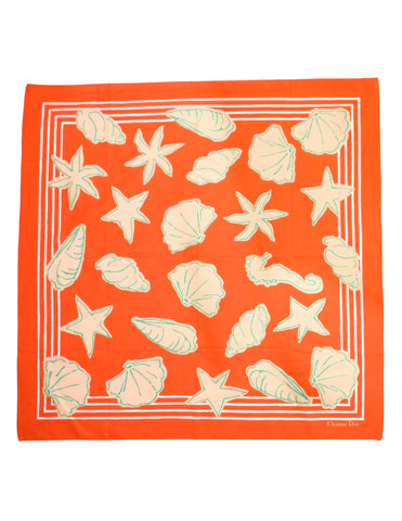 Christian Dior Vintage Vivid Reddish Orange Seashell Print Cotton Scarf