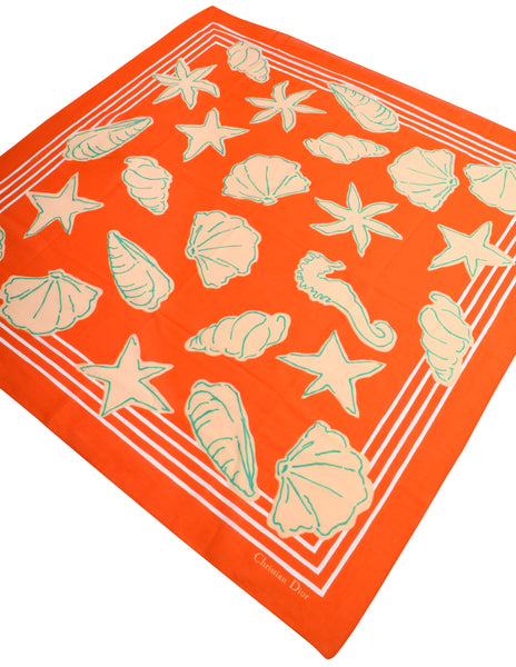 Christian Dior Vintage Vivid Reddish Orange Seashell Print Cotton Scarf
