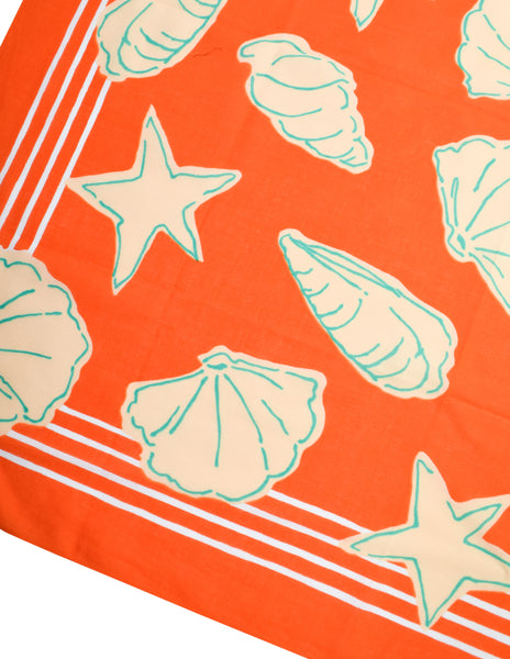 Christian Dior Vintage Vivid Reddish Orange Seashell Print Cotton Scarf