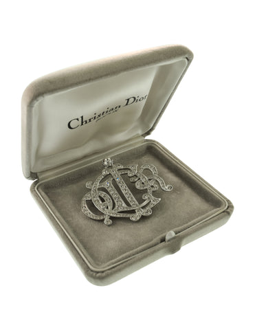 Christian Dior Vintage Iconic Monogram Logo Silver Rhinestone Brooch Pin