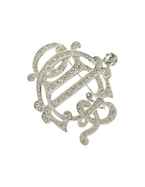 Christian Dior Vintage Iconic Monogram Logo Silver Rhinestone Brooch Pin