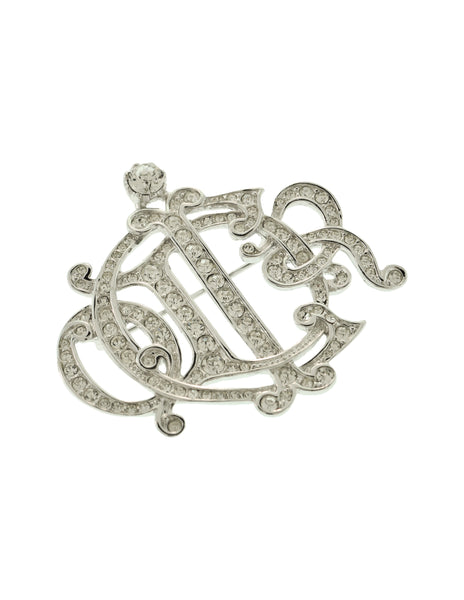 Christian Dior Vintage Iconic Monogram Logo Silver Rhinestone Brooch Pin