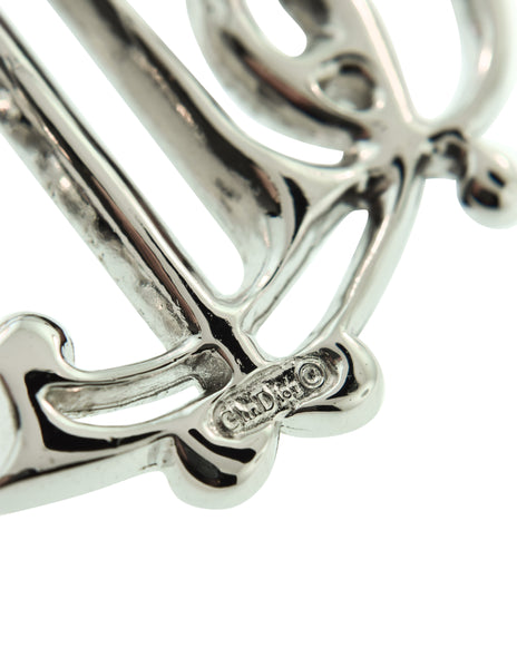 Christian Dior Vintage Iconic Monogram Logo Silver Rhinestone Brooch Pin