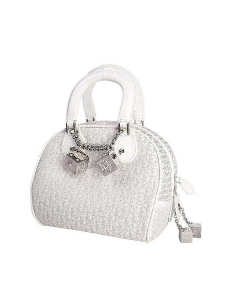 Christian Dior Vintage AW 2004 by John Galliano White & Silver Monogram Dice Charm 'GAMBLER' Mini Bowler Bag