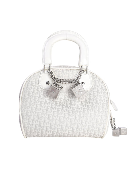 Christian Dior Vintage AW 2004 by John Galliano White & Silver Monogram Dice Charm 'GAMBLER' Mini Bowler Bag