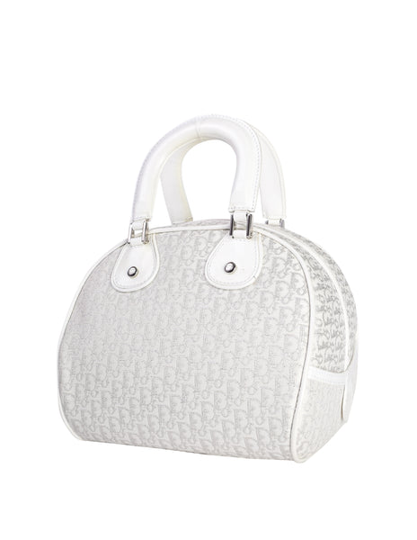 Christian Dior Vintage AW 2004 by John Galliano White & Silver Monogram Dice Charm 'GAMBLER' Mini Bowler Bag