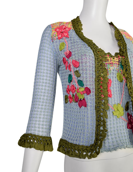 Christian Lacroix Vintage SS 2000 Baby Blue Multicolor Floral Embellished Knit Crochet Tank Top & Cardigan Twin Set