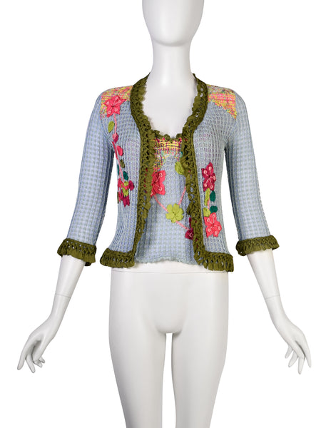 Christian Lacroix Vintage SS 2000 Baby Blue Multicolor Floral Embellished Knit Crochet Tank Top & Cardigan Twin Set