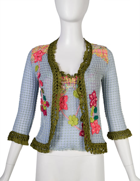 Christian Lacroix Vintage SS 2000 Baby Blue Multicolor Floral Embellished Knit Crochet Tank Top & Cardigan Twin Set