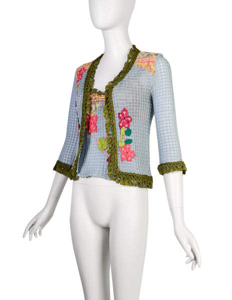 Christian Lacroix Vintage SS 2000 Baby Blue Multicolor Floral Embellished Knit Crochet Tank Top & Cardigan Twin Set
