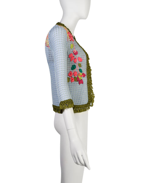 Christian Lacroix Vintage SS 2000 Baby Blue Multicolor Floral Embellished Knit Crochet Tank Top & Cardigan Twin Set