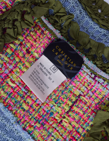 Christian Lacroix Vintage SS 2000 Baby Blue Multicolor Floral Embellished Knit Crochet Tank Top & Cardigan Twin Set