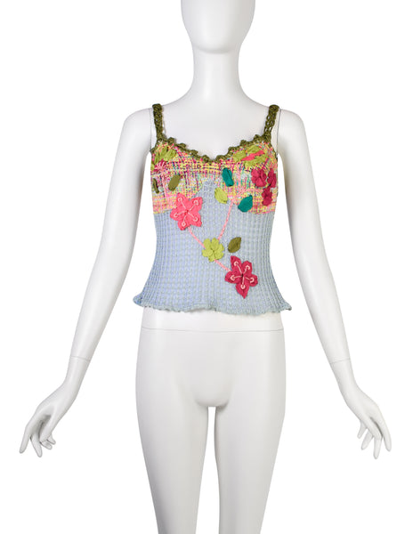 Christian Lacroix Vintage SS 2000 Baby Blue Multicolor Floral Embellished Knit Crochet Tank Top & Cardigan Twin Set