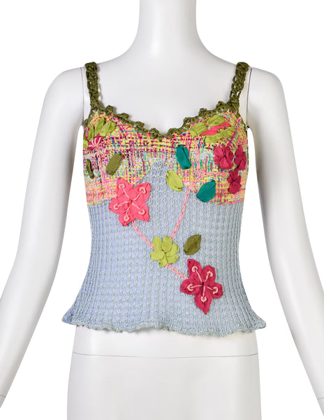 Christian Lacroix Vintage SS 2000 Baby Blue Multicolor Floral Embellished Knit Crochet Tank Top & Cardigan Twin Set