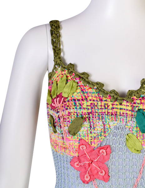 Christian Lacroix Vintage SS 2000 Baby Blue Multicolor Floral Embellished Knit Crochet Tank Top & Cardigan Twin Set